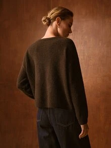 MOTF PREMIUM AUTUMN/WINTER SOFT & COZY WOOL BLEND KNIT ASYMMETRICAL ROUND NECK RHINESTONE BUTTON DECOR LOOSE CHOCOLATE COLOR PULLOVER SWEATER - Chocolate Brown - View 3