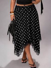 Rustia Korean Style Hot Girl Polka Dot Lace Patchwork High Waist Flared Skirt Fall - Black - View 3