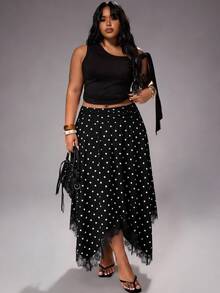 Rustia Korean Style Hot Girl Polka Dot Lace Patchwork High Waist Flared Skirt Fall - Black - View 7