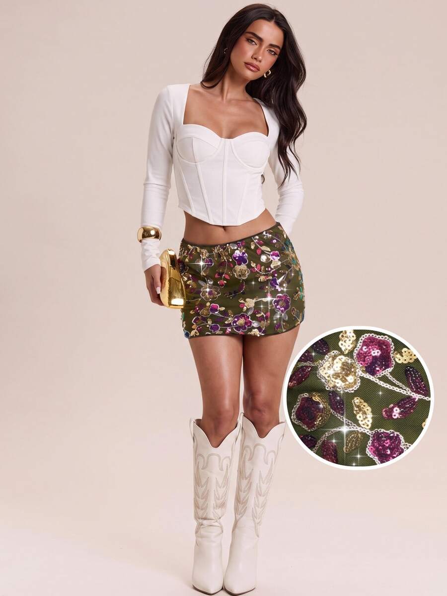 SHEIN Glamour 女款橄欖綠花卉亮片緊身迷你裙 低腰閃亮性感迪斯可返校季姐妹會招新之夜夜店派對 秋季勞動節 - 綠色 - 查看 1