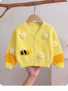 SHEIN Baby Girls V-Neck Yellow Cardigan With Cute Bee And Flower Appliques Long Sleeve Knitted Autumn Sweater - Yellow - View 1