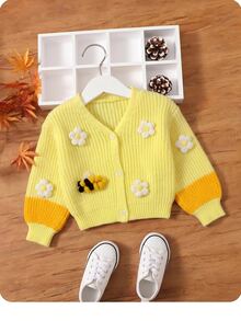 SHEIN Baby Girls V-Neck Yellow Cardigan With Cute Bee And Flower Appliques Long Sleeve Knitted Autumn Sweater - Yellow - View 5