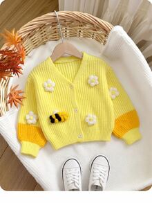 SHEIN Baby Girls V-Neck Yellow Cardigan With Cute Bee And Flower Appliques Long Sleeve Knitted Autumn Sweater - Yellow - View 2