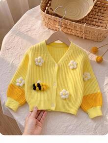 SHEIN Baby Girls V-Neck Yellow Cardigan With Cute Bee And Flower Appliques Long Sleeve Knitted Autumn Sweater - Yellow - View 3
