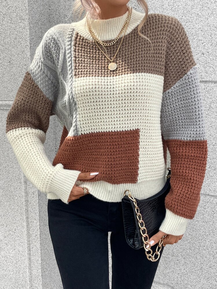 EMERY ROSE Color Block Drop Shoulder Sweater,Long Sleeve Tops Knit Pullover Fall Winter Sweater - Multicolor - View 5