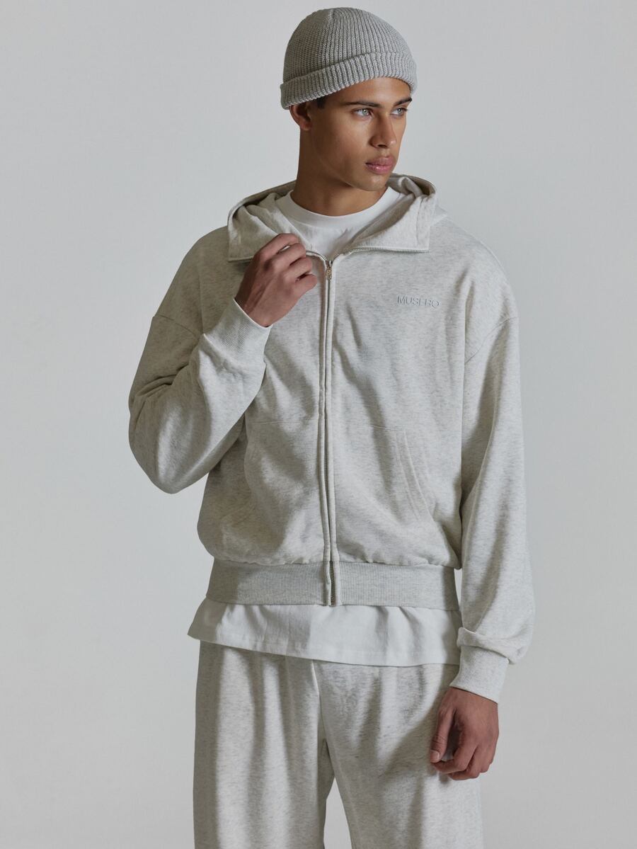 Musero Funnel Neck Zip Up Hoodie Kangaroo Pocket Double Layerd Hood Co Ord Hoodie Only Autum Winter Essentials - Grey - View 1