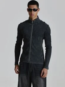Musero Muscle Fit Funnel Neck Ribbed Zip Through Top Autum Winter Essentials - Black - View 2