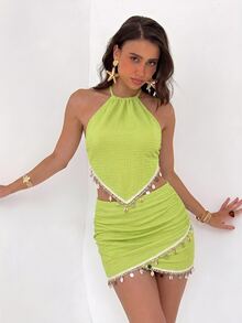 Aloruh Women's Shell Decor Halter Top + Asymmetrical Hem Pleated Skirt Set Summer Outfits Clothes Beach Boho Tropical Vacation Light Green - Green - View 4