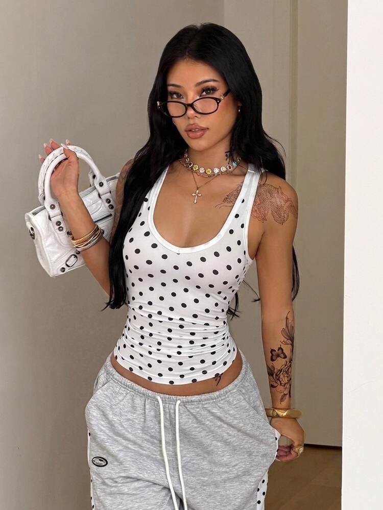 Coolane White Polka Dot Fitted Women's Tank Top - Black and White - View 2