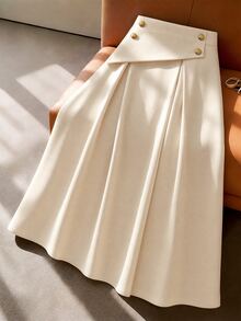 Franclia White,Summer,Elegant,Office Black A-Line Skirt With Gold Buttons,Vintage Flattering Drape Fabric For Commute,Casual Outing,Party Occasions - Camel - View 1