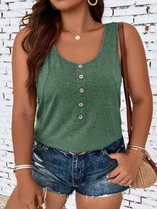 SHEIN LUNE Plus Fake Button Solid Color Tank Top - Green - View 4