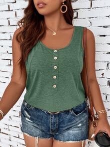 SHEIN LUNE Plus Fake Button Solid Color Tank Top - Green - View 3