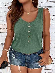 SHEIN LUNE Plus Fake Button Solid Color Tank Top - Green - View 5