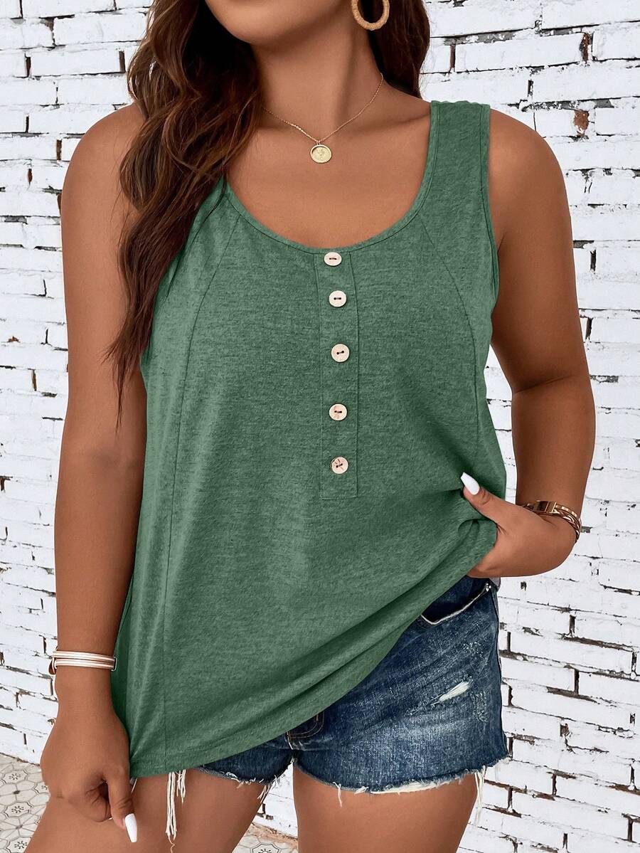 SHEIN LUNE Plus Fake Button Solid Color Tank Top - Green - View 1