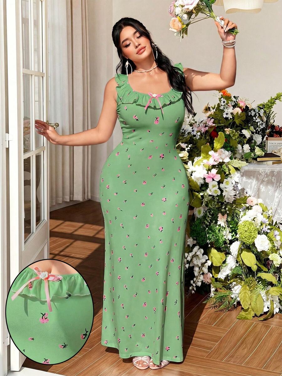 FleurLily Gaun Maxi Tanpa Lengan Model Wrap dengan Leher V dan Hiasan Ruffle, Terbuat dari Kain Rajut Lembut Motif Bunga Kecil Ukuran Plus, Elegan untuk Acara Jalan-jalan, Kencan, Pesta, dan Minum Teh Sore. - Lime Green - View 1