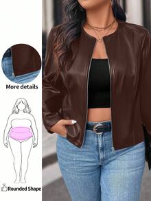 EMERY ROSE Plus Size Women Solid Color Zipper Front PU Leather Long Sleeve Jacket, Autumn Fall Winter Cloth For Women - Coffee Brown - View 1