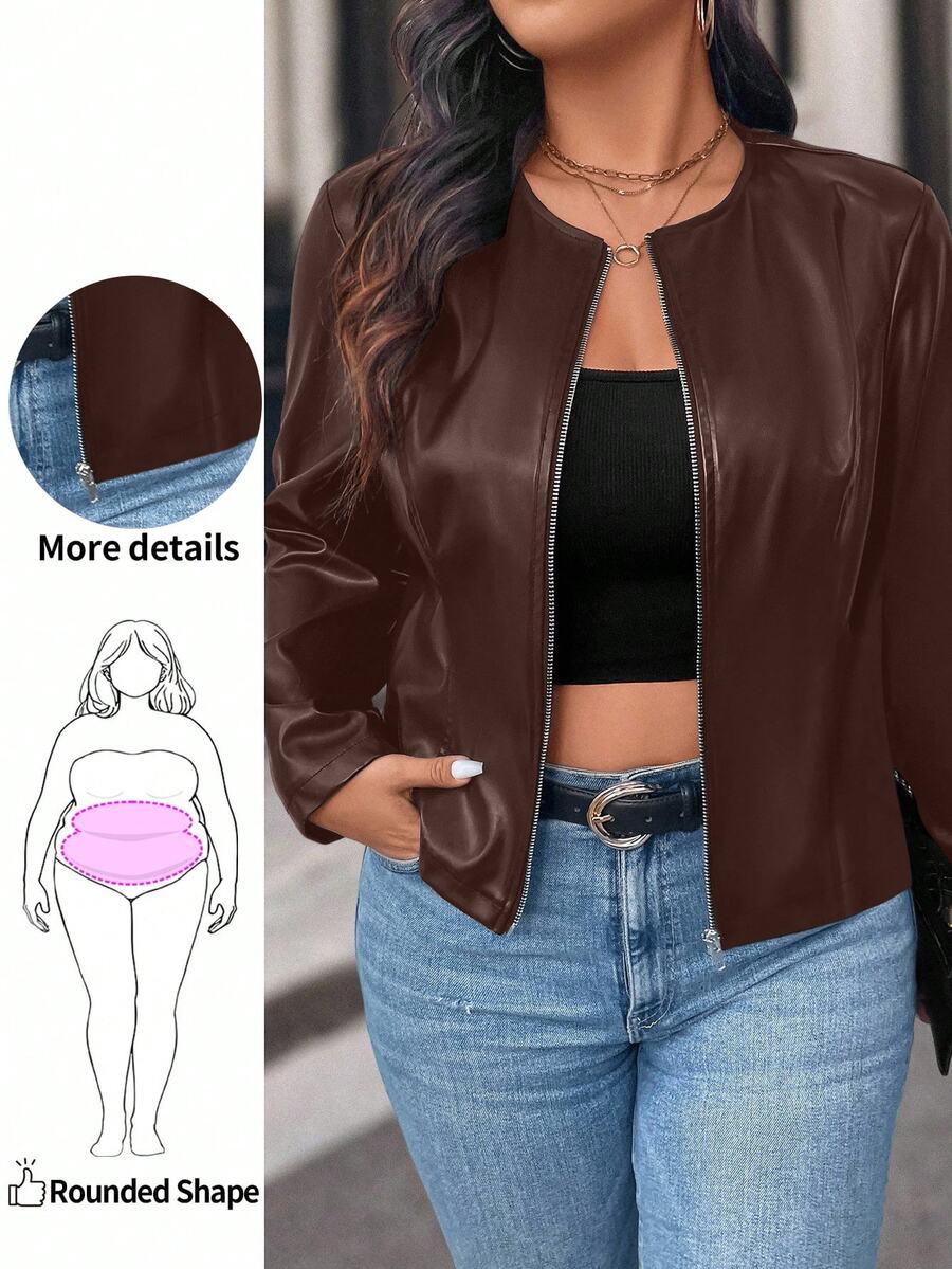 EMERY ROSE Plus Size Women Solid Color Zipper Front PU Leather Long Sleeve Jacket, Autumn Fall Winter Cloth For Women - Coffee Brown - View 1