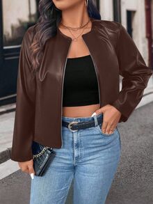 EMERY ROSE Plus Size Women Solid Color Zipper Front PU Leather Long Sleeve Jacket, Autumn Fall Winter Cloth For Women - Coffee Brown - View 6