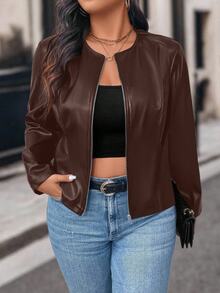 EMERY ROSE Plus Size Women Solid Color Zipper Front PU Leather Long Sleeve Jacket, Autumn Fall Winter Cloth For Women - Coffee Brown - View 3