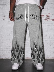 Manfinity EMRG Letter & Flame Print Drawstring Waist Casual Wide Leg Sweatpants, 2000s Style - Multicolor - View 1