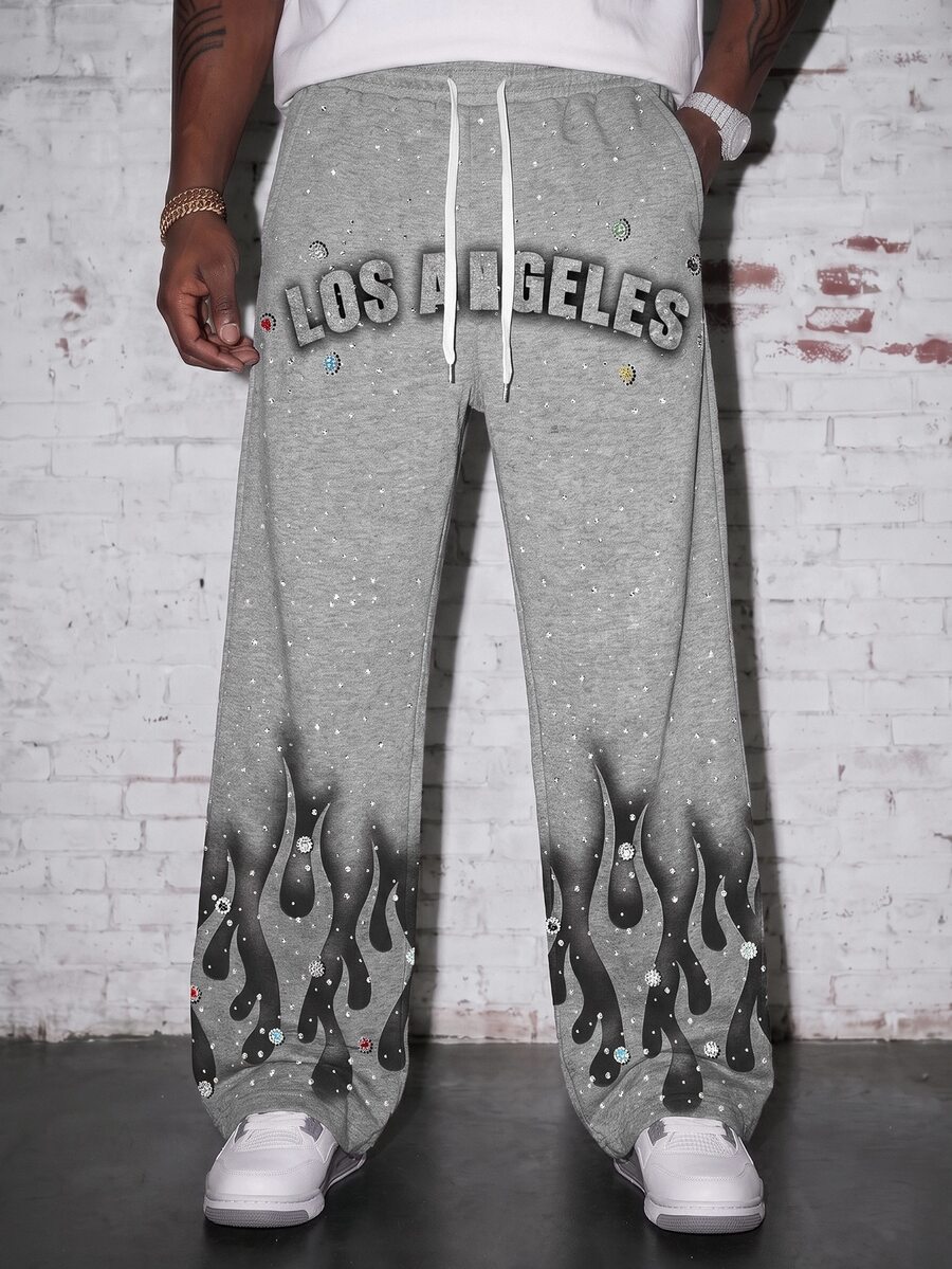 Manfinity EMRG Letter & Flame Print Drawstring Waist Casual Wide Leg Sweatpants, 2000s Style - Multicolor - View 1