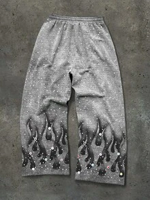 Manfinity EMRG Letter & Flame Print Drawstring Waist Casual Wide Leg Sweatpants, 2000s Style - Multicolor - View 2
