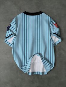 Manfinity EMRG Men's Retro American Baseball Style Light Blue Contrast Stripe 92 N-League Streetwear Casual Round Neck T-Shirt, Holiday - Multicolor - View 2