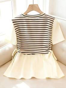 GlowEve CURVE Plus Size Women Beige Patchwork Striped Round Neck Short Sleeve Drawstring Waist Casual Top,Summer School Back-To-School Cute Chic - Multicolor - View 2