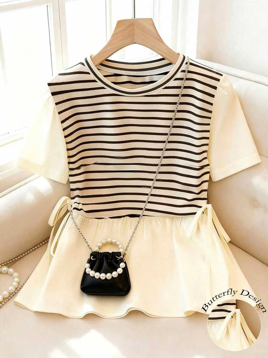 GlowEve CURVE Plus Size Women Beige Patchwork Striped Round Neck Short Sleeve Drawstring Waist Casual Top,Summer School Back-To-School Cute Chic - Multicolor - View 1
