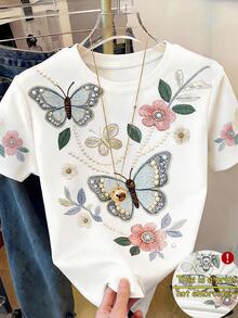 Resyla Women's Casual Summer Short Sleeve T-Shirt, Butterfly Print Design, White - Multicolor - View 1