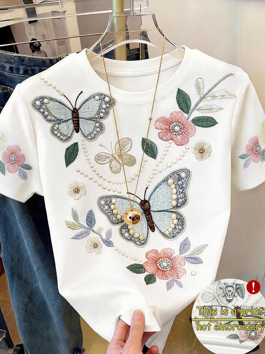 Resyla Women's Casual Summer Short Sleeve T-Shirt, Butterfly Print Design, White - Multicolor - View 1