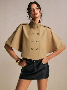 Poéselle 女款短版雙排扣披肩式風衣，優雅短袖風衣，時尚街頭風外套，秋季穿搭，辦公室穿搭，卡其色 - 棕色 - 查看 7