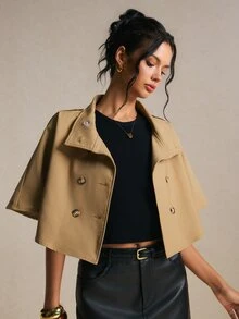 Poéselle 女款短版雙排扣披肩式風衣，優雅短袖風衣，時尚街頭風外套，秋季穿搭，辦公室穿搭，卡其色 - 棕色 - 查看 8