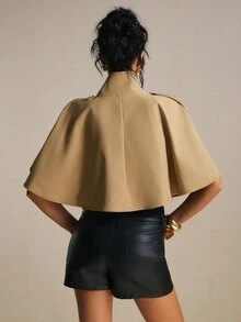 Poéselle 女款短版雙排扣披肩式風衣，優雅短袖風衣，時尚街頭風外套，秋季穿搭，辦公室穿搭，卡其色 - 棕色 - 查看 6