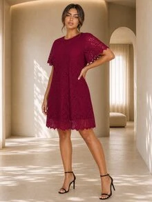 ELLERISSA Plus Size Burgundy Lace Short Sleeve Shift Dress With Scallop Hem - Burgundy - View 4
