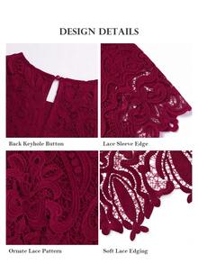 ELLERISSA Plus Size Burgundy Lace Short Sleeve Shift Dress With Scallop Hem - Burgundy - View 6