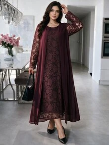 Lacomfia Plus Size 2 Piece Outfit, Lace Long Sleeve Dress With Chiffon Open Front Long Cardigan, Burgundy Elegant Set For Wedding Guest, Banquet & Fall - Red Violet - View 7