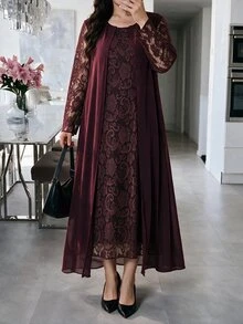 Lacomfia Plus Size 2 Piece Outfit, Lace Long Sleeve Dress With Chiffon Open Front Long Cardigan, Burgundy Elegant Set For Wedding Guest, Banquet & Fall - Red Violet - View 5