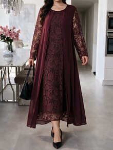Lacomfia Plus Size 2 Piece Outfit, Lace Long Sleeve Dress With Chiffon Open Front Long Cardigan, Burgundy Elegant Set For Wedding Guest, Banquet & Fall - Red Violet - View 4