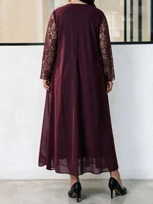 Lacomfia Plus Size 2 Piece Outfit, Lace Long Sleeve Dress With Chiffon Open Front Long Cardigan, Burgundy Elegant Set For Wedding Guest, Banquet & Fall - Red Violet - View 3