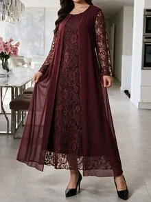 Lacomfia Plus Size 2 Piece Outfit, Lace Long Sleeve Dress With Chiffon Open Front Long Cardigan, Burgundy Elegant Set For Wedding Guest, Banquet & Fall - Red Violet - View 6