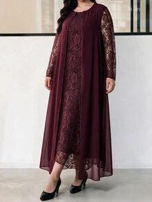 Lacomfia Plus Size 2 Piece Outfit, Lace Long Sleeve Dress With Chiffon Open Front Long Cardigan, Burgundy Elegant Set For Wedding Guest, Banquet & Fall - Red Violet - View 8