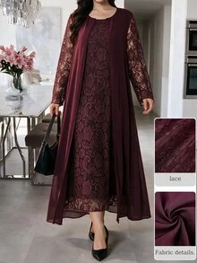 Lacomfia Plus Size 2 Piece Outfit, Lace Long Sleeve Dress With Chiffon Open Front Long Cardigan, Burgundy Elegant Set For Wedding Guest, Banquet & Fall - Red Violet - View 2