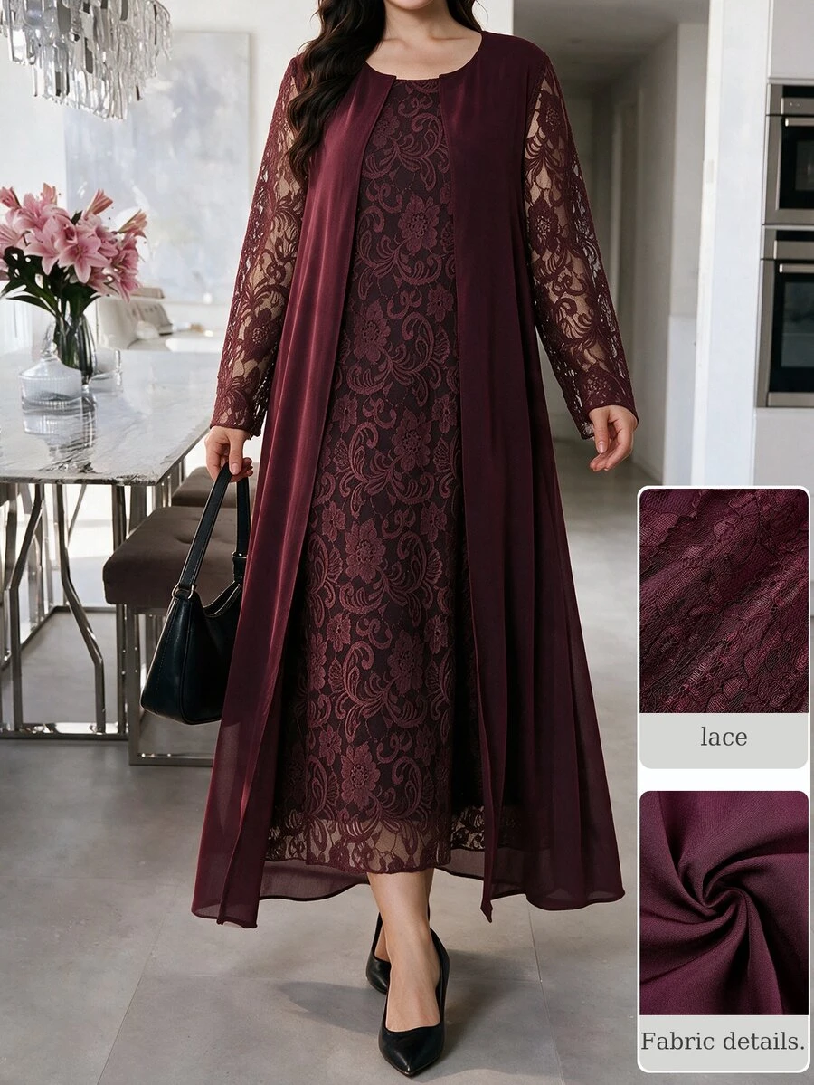 Lacomfia Plus Size 2 Piece Outfit, Lace Long Sleeve Dress With Chiffon Open Front Long Cardigan, Burgundy Elegant Set For Wedding Guest, Banquet & Fall