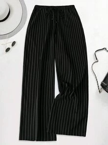 SHEIN LUNE Plus Size Women's Casual Elastic Waist Regular Pants, Autumn/Winter Fall Cloth For Women - Black and White - View 8