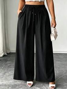 SHEIN LUNE Plus Size Women's Casual Elastic Waist Regular Pants, Autumn/Winter Fall Cloth For Women - Black and White - View 5