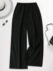 SHEIN LUNE Plus Size Women's Casual Elastic Waist Regular Pants, Autumn/Winter Fall Cloth For Women - Black and White - View 2