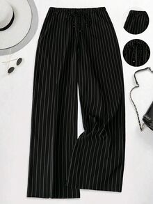 SHEIN LUNE Plus Size Women's Casual Elastic Waist Regular Pants, Autumn/Winter Fall Cloth For Women - Black and White - View 4