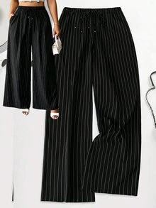 SHEIN LUNE Plus Size Women's Casual Elastic Waist Regular Pants, Autumn/Winter Fall Cloth For Women - Black and White - View 1