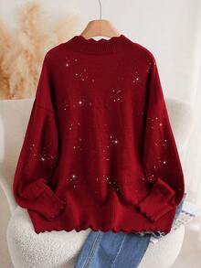 Comfylo Plus Size Autumn/Winter Casual Sequin Decorated Sweater - Red - View 3